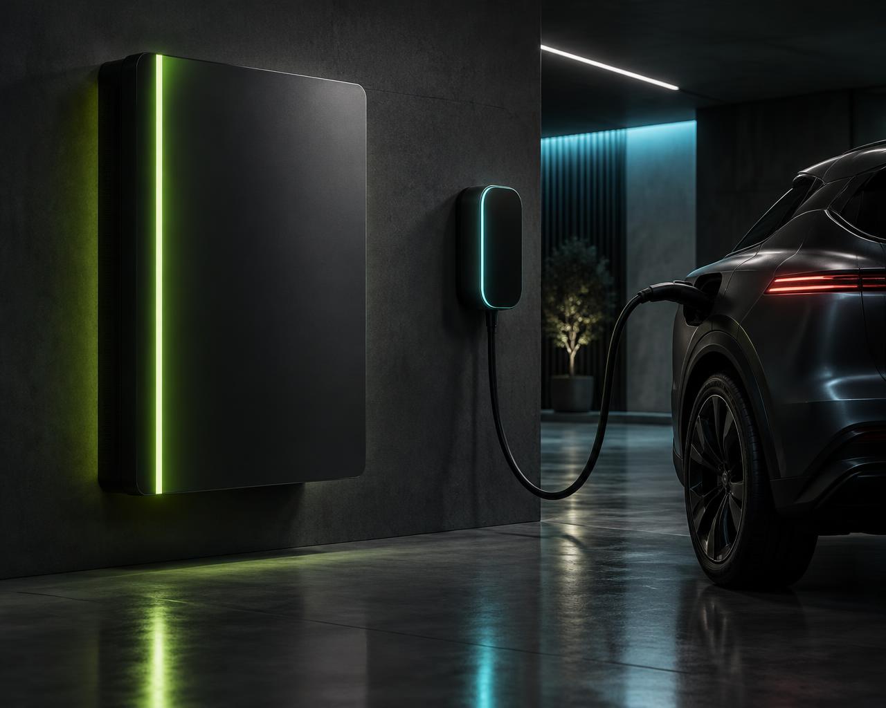Matte black home battery with green light beside an EV charging in a modern garage